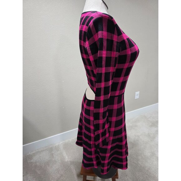 Pink & Black Plaid Long-Sleeve Cutout Dress Fitted Waist Round Neckline Stretch - Picture 4 of 10